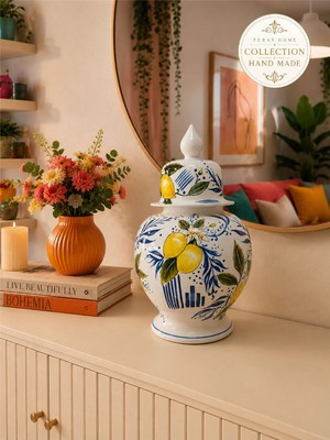 Feray Home Seramik Vazo - El Yapımı Limon Desenli Cube