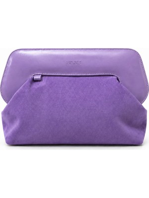 Heybes Kadın Lila Deri Detaylı Süet Clutch El Çantası