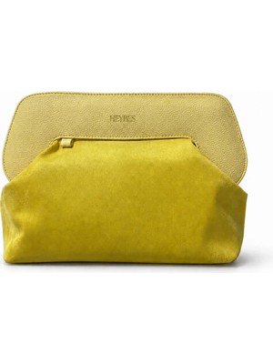 Heybes Kadın Sarı Deri Detaylı Süet Clutch El Çantası