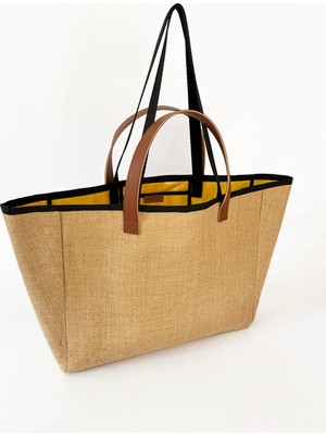 Heybes Kadın Sarı Su Geçirmez Astarlı Jüt Hasır Büyük Boy Plaj ve Alışveriş Shopper Tote Omuz Çantası