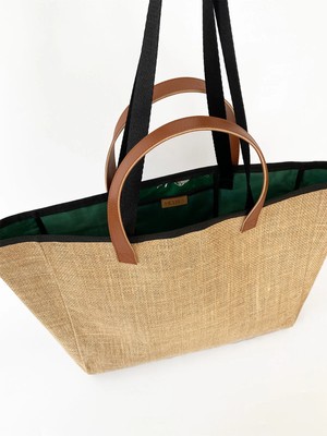 Heybes Kadın Yeşil Su Geçirmez Astarlı Jüt Hasır Büyük Boy Plaj ve Alışveriş Shopper Tote Omuz Çantası