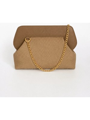 Heybes Kadın Bej Deri Detaylı Jüt Clutch El Çantası