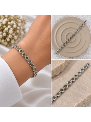 Fm 💎 Premium Parlak ve Şık Yeşil Taşlı Gümüş Renk 316L Çelik Kadın Bileklik (20cm)