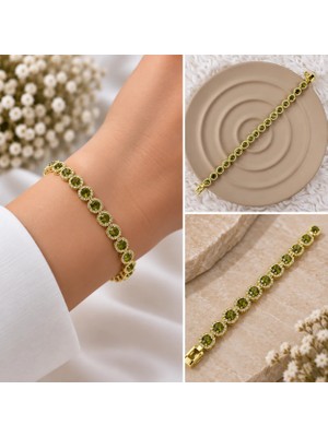 Fm 💎 Premium Parlak ve Şık Yeşil Taşlı Gold Renk 316L Çelik Kadın Bileklik (20cm)