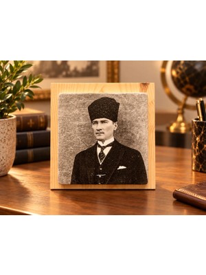 Ceren Wooden Atatürk Portreli Dekoratif Taş Tablo 12,5X12,5 cm – Masaüstü ve Duvar Kullanımlı