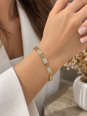 İdilce Xuping Bileklik Taşlı Gold Renk Dikdörtgen Detaylı Şık Kadın Bileklik