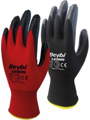 Beybi Nitril Poly Pnzebra 10 Beden Kırmızı Siyah Eldiven 12LI Paket EN388 (3131X) (Kdo)