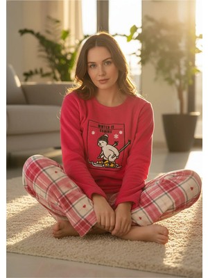 Yare Kış Temalı Koyu Pembe Polar Pijama Takımı