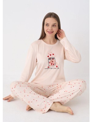 Yare Pembe Kalp Desenli Kadife Pijama Takımı