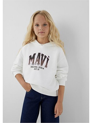 Mavi M7S10179-70057 Mavi Baskılı Sweatshırt Kırık Beyaz Kız Çocuk Sweatshirt