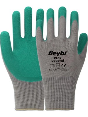 Beybi Pl-17 10 Beden Gri-Yeşil 12LI Paket Legend Polyester Örme Lateks Eldiven (Kdo)