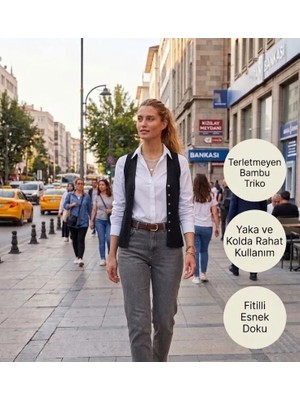 Urumday Kadın V Yaka Düğmeli Fitilli İnce Bambu Merserize Yelek