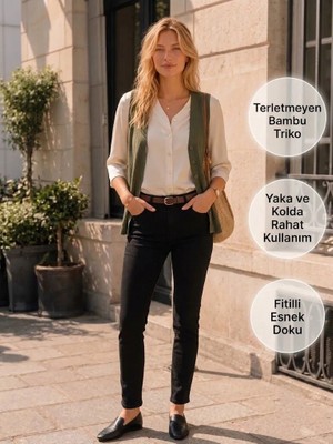 Urumday Kadın V Yaka Düğmeli Fitilli İnce Bambu Merserize Yelek