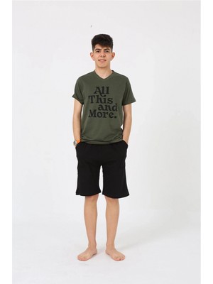 Pileli Store Erkek Genç Garson Boy Kısa Kol Haki Penye Şortlu Pijama Takımı