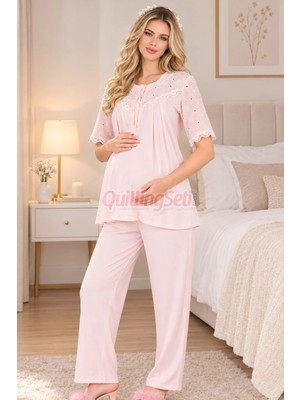 Quilling Bebe Pembe Renkli Dantel Detaylı, 33206 Kısa Kol, 2 Parça Lohusa Hamile Pijama Takımı