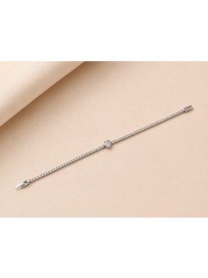 Yonida Jewelry Silver Minimal Suyolu Tasarım Kalp Tektaş Detay Çelik Bileklik