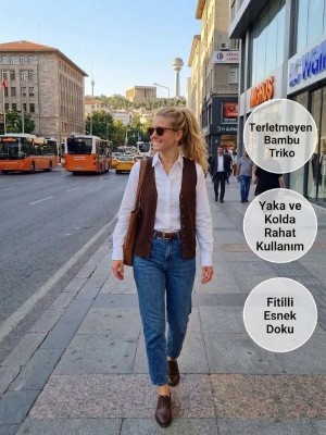 Urumday Kadın V Yaka Düğmeli Fitilli İnce Bambu Merserize Yelek