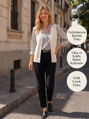 Urumday Kadın V Yaka Düğmeli Fitilli İnce Bambu Merserize Yelek