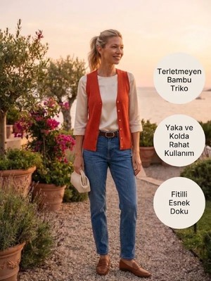 Urumday Kadın V Yaka Düğmeli Fitilli İnce Bambu Merserize Yelek