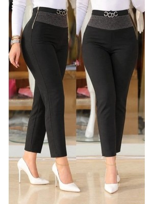 Pileli Store Kadın Yüksek Bel Önden Taşlı ve Tokalı Ithal Krep Pantolon