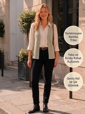 Urumday Kadın V Yaka Düğmeli Fitilli İnce Bambu Merserize Yelek