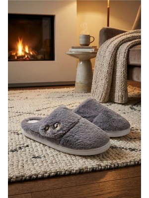 Relaxa Kadın Peluş Ev Terliği, Yumuşak Kürklü,yumuşak Tabanlı, Sıcak Kışlık Terlik Gri