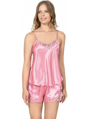 Pileli Store Koyu Pembe Saten Babydoll Şort Takım Zarif Kadın Gece Giyim
