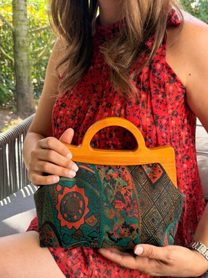 Jophiel Atelier Penalope Collection - Zincirli, Ahşap Burslu Kumaş Çanta, Clutch, El Çantası, Çanta
