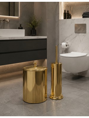 Titanium Design Gold Çöp Kovası ve Fırçalık Seti
