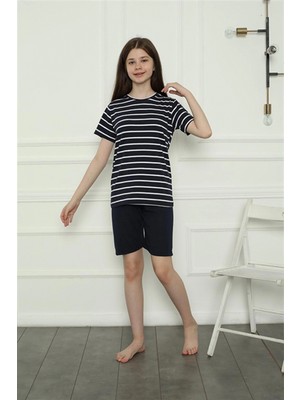 Pileli Store Kız Çocuk Penye Şortlu Pijama Takım Lacivert