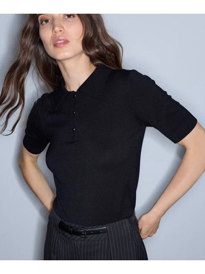 İpekyol Ipekyol Polo Yaka Triko Siyah Kadın Kazak IW6260050177