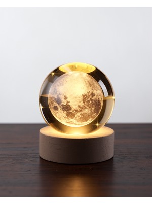 Alemdar Pazarlama Ay Küre Kristal Gece Lambası, 8 Cm, USB Bağlantılı, Ahşap Tabanlı
