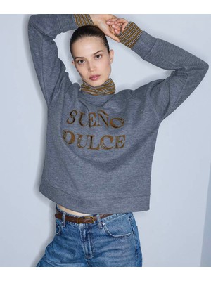 İpekyol Ipekyol Çift Parça Görünüm Işlemeli Gri Kadın Sweatshirt IW6260091121