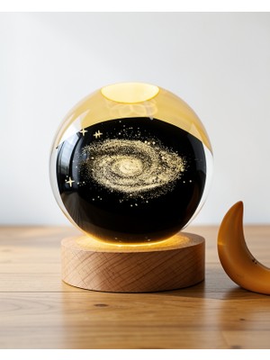 Alemdar Pazarlama Samanyolu Küre, 3D Lazer Işlemeli Kristal Ahşap Standlı