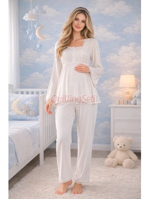 Quilling Ekru Renkli, Dantel Detaylı, 33205 Uzun Kol, 2 Parça Lohusa Hamile Pijama Takımı