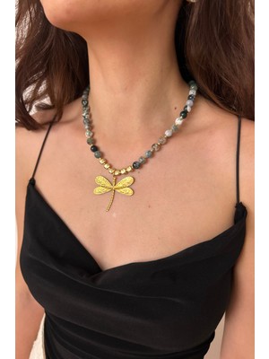 Suerte Accessories Çelik Yusufçuk Figür Uçlu Prinayt ve Akik Doğal Taş El Yapımı Özel Tasarım Kadın Doğaltaş Kolye