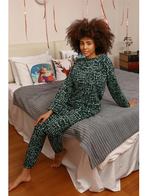 Pileli Store Kadın Uzun Kol 3 Iplik Penye Pijama Takım Yeşil