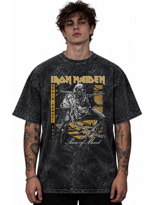 Sevbano Iron Maiden Rock Metal Müzik Grubu Baskılı Unisex Oversize Vintage Yıkamalı Tişört