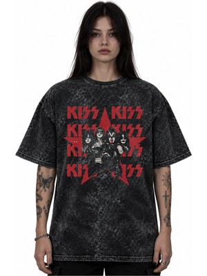 Sevbano Kiss Rock Metal Müzik Grubu Baskılı Unisex Oversize Vintage Yıkamalı Tişört