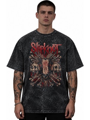 Sevbano Slipknot Rock Metal Müzik Grubu Baskılı Unisex Oversize Vintage Yıkamalı Tişört
