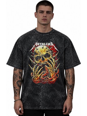 Sevbano Metallica Rock Metal Müzik Grubu Baskılı Unisex Oversize Vintage Yıkamalı Tişört