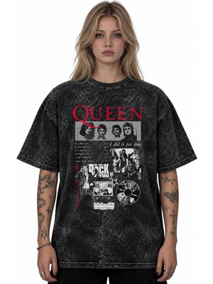 Sevbano Queen Müzik Grubu Baskılı Unisex Oversize Vintage Yıkamalı Tişört
