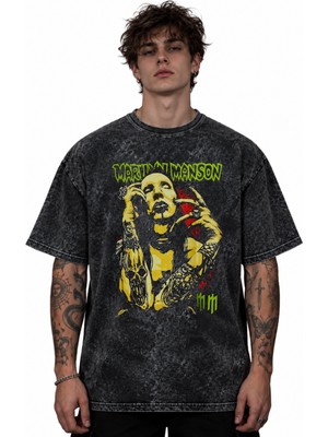 Sevbano Marilyn Manson Rock Metal Şarkıcı Baskılı Unisex Oversize Vintage Yıkamalı Tişört