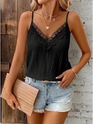 Pileli Store Kadın Ip Askılı V Dantel Yakalı Bürümcük Bluz