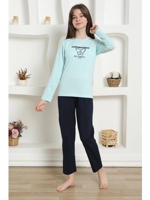 Pileli Store Kız Çocuk Penye Pijama Takım Su Yeşili