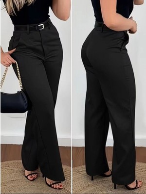 Pileli Store Kadın Yüksek Bel Kemersiz Atlas Pantolon
