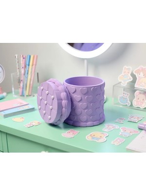 3D Baskı Kabartma Kalp Desenli Kapaklı Kalemlik - Masaüstü Organizer - Mor