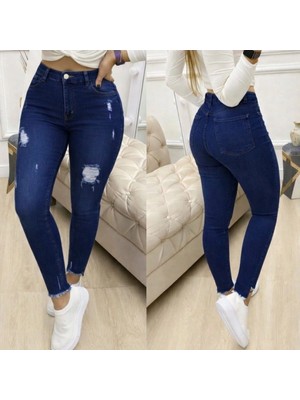 Pileli Store Kadın Yüksek Bel Yırtık Desenli Skınny Kot Pantolon