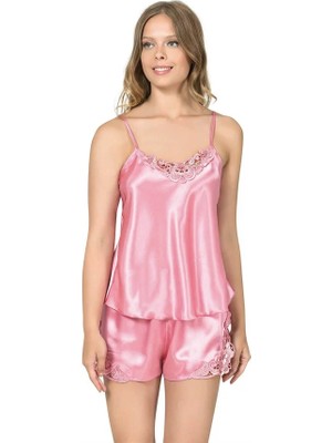 Fantastik Store Şık Tasarım Yumuşak Dokulu Dantel Işlemeli Koyu Pembe Saten Babydoll Şort Takım