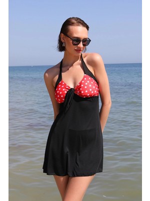 Pileli Store Kadın Likralı Şortlu Fiyonklu Elbise Mayo Kırmızı